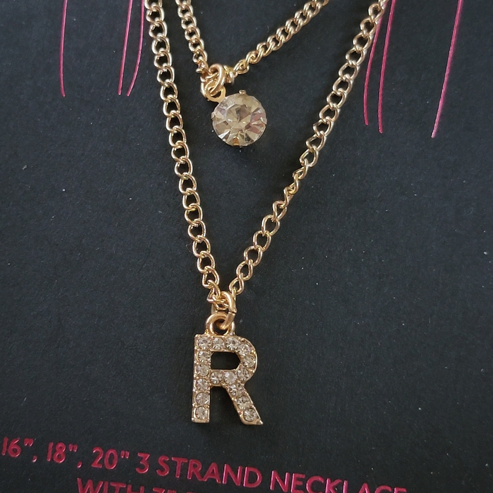 3 Strand Letter R Rhinestone Initial Necklace - Picture 3 of 5
